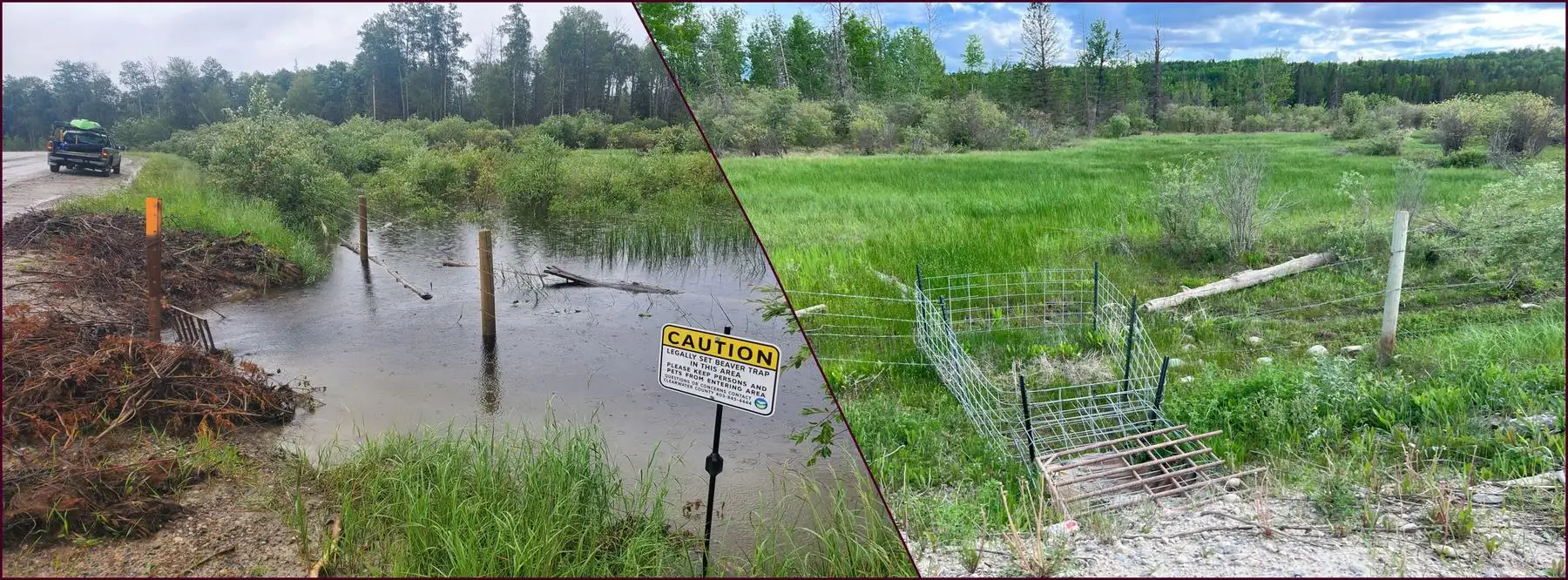 Side-by-side photos of a flooded roadside before and a drained, fenced culvert after