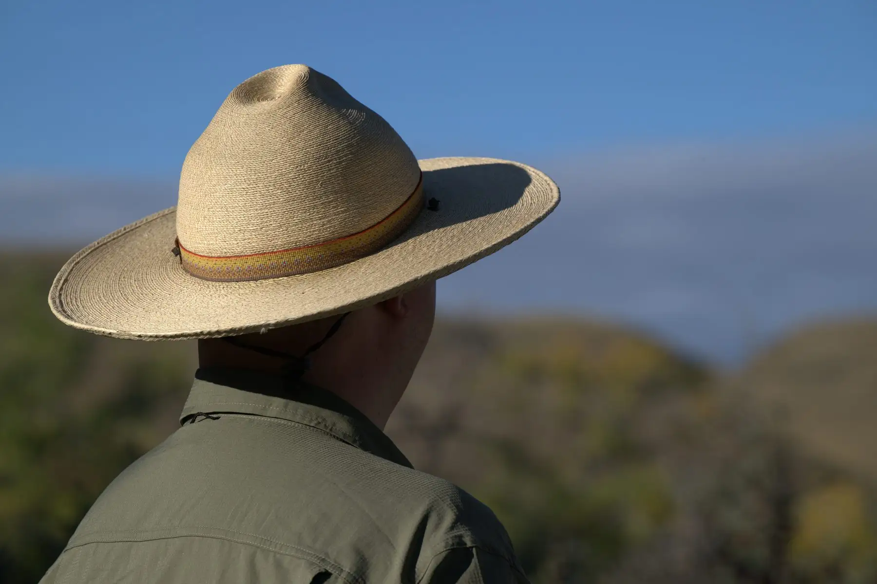 The back of Kirby's straw hat against a prairie sky