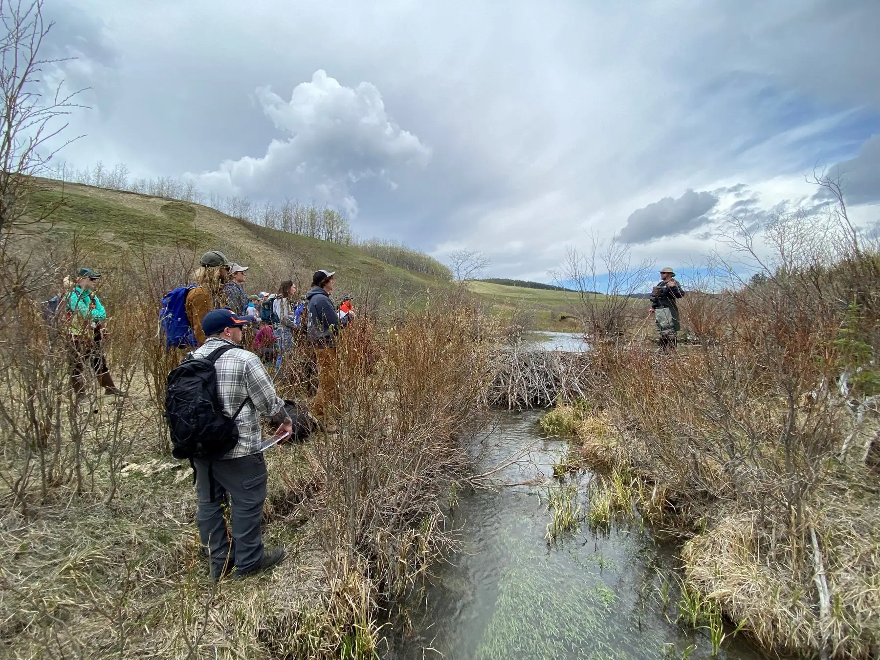A group of people standing along a creek in the coulees, listening to a talk
