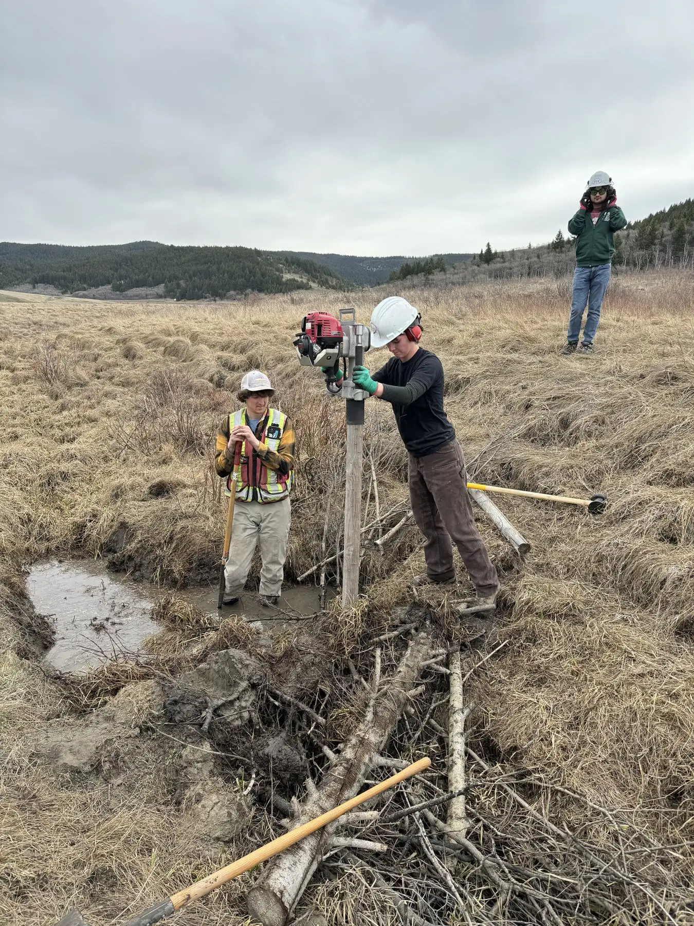 Two people working on a beaver dam analogue in a dry coulee